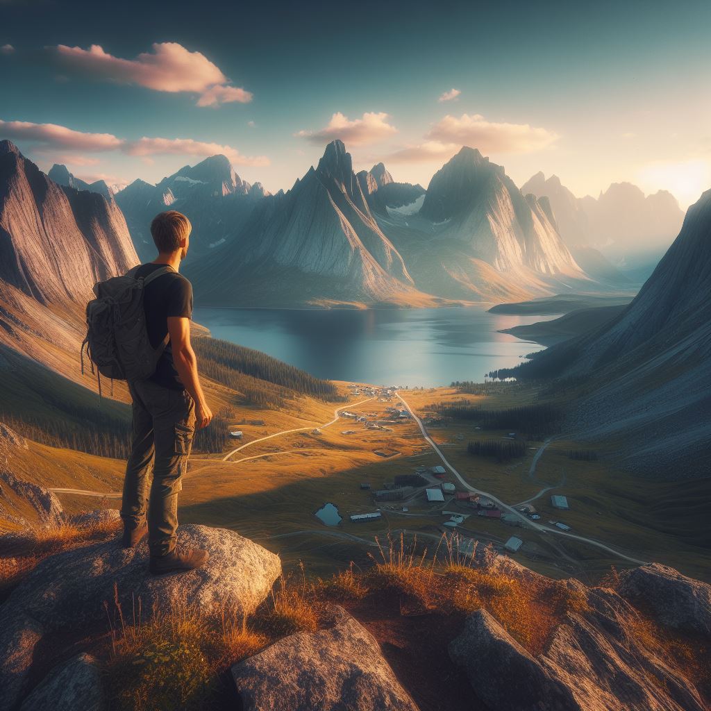 AI generated man standing on cliff looking down into a valley with mountains on either side