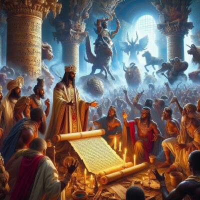 AI Generated Image Of King Josiah Reading From The Ancient Scroll Surrounded By Baal Worship